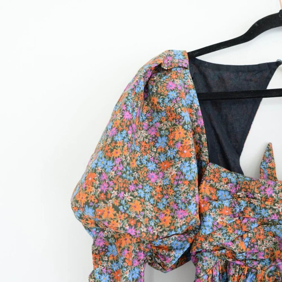 For Love & Lemons Brittany Mini Floral Revolve Dress 100% Cotton Puff Shoulder M - Picture 6 of 15